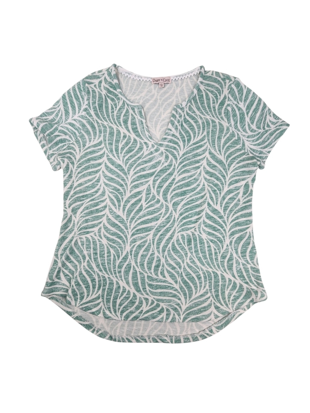 Daisy + Coco Green Leaf Print Notch Neck Top Size Large Casual Coastal Boho Knit - Picture 8 of 15